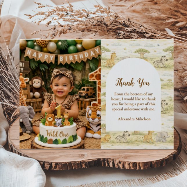 Photo Cute Neutral Safari Animals First Birthday Tack Kort (Skapare uppladdad)