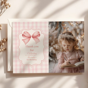 Photo Cute Rosa Bow Coquette 1:a födelsedag Tack Kort