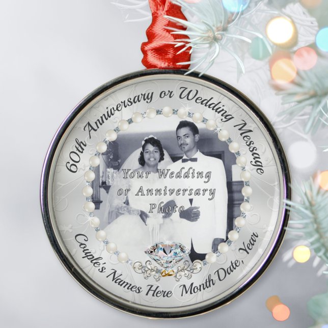 PHOTO Diamond, 60-årsdagen för Bröllop Julgransprydnad Metall (Inexpensive 60th anniversary Gifts. Diamond wedding anniversary gift ideas for friends. Ornament.)