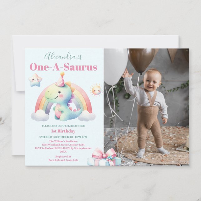 Photo Dinosaur 1:a födelsedag färgad cute Inbjudningar (Framsida)