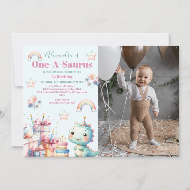 Photo Dinosaur 1:a födelsedag färgad cute Inbjudningar (Framsida)
