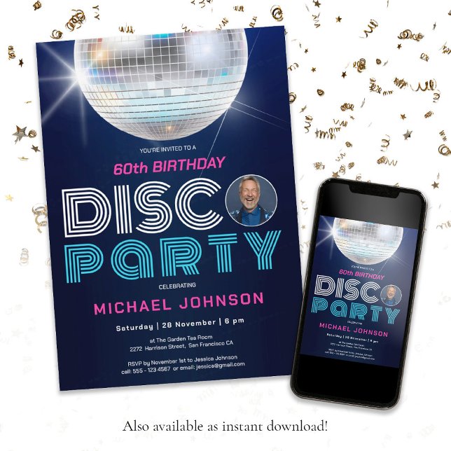 Photo Disco Party Roligt Modern Retro 60:e födelse Inbjudningar (60th Birthday Disco Party Fun Modern Retro Photo Invitation)
