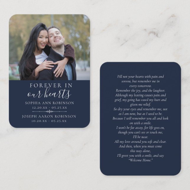 Photo Double Memorial Funeral Blue Prayer Card Visitkort (Fram/baksida)