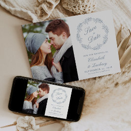 Photo Dusty Blue Botanical Wand Spara datum Inbjudningar