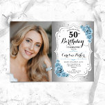 Photo Dusty Blue Silver 50:e födelsedagen Inbjudningar<br><div class="desc">Femininininbjudan till elegantens blommigt på 50 år med ditt foto. Glam-design med faux silver. Har lätt dammigt blått ro, skript och konetti. Perfekt för en snyggt vuxen under firande party. Anpassa med dina egna detaljer. Kan anpassas för vilken ålder som helst! Skrivna Zazzle-inbjudningar eller digital utskrivbar mall för omedelbar nedladdning....</div>