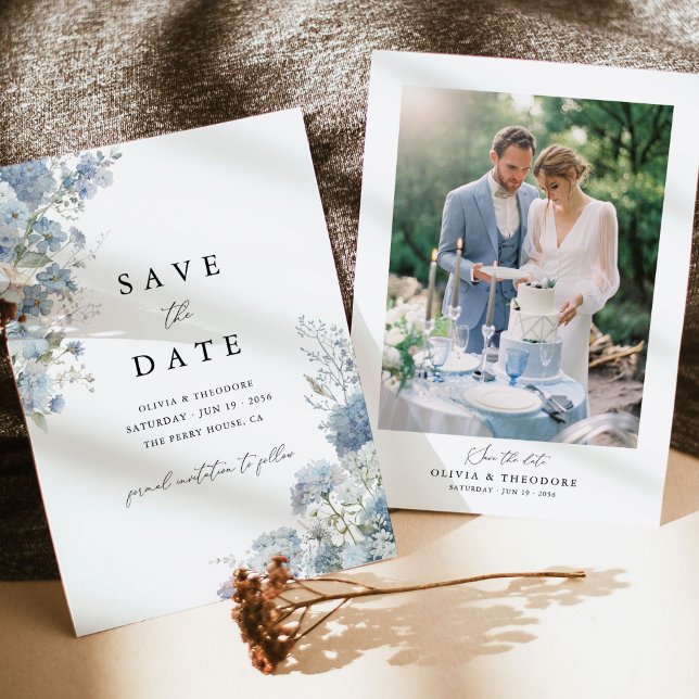 Photo Dusty Blue Watercolor Floral Wedding Spara Datumet (Dusty blue floral wedding save the date with photo back, watercolor hydrangea, elegant card)