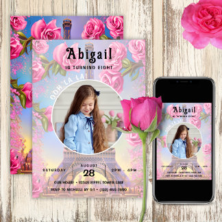 Photo Eiffel Torn Rosa ros Chic Fransk Birthday Inbjudningar