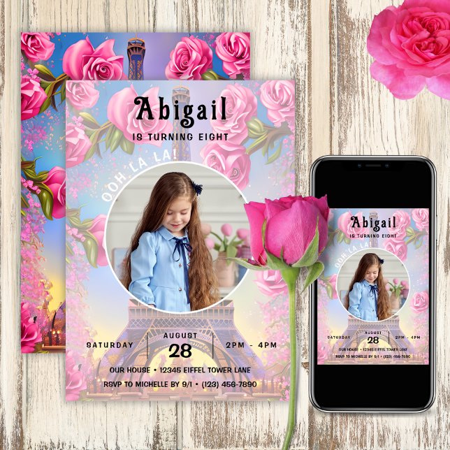 Photo Eiffel Torn Rosa ros Chic Fransk Birthday Inbjudningar (Photo Eiffel Tower Pink Roses Chic French Birthday Invitation)