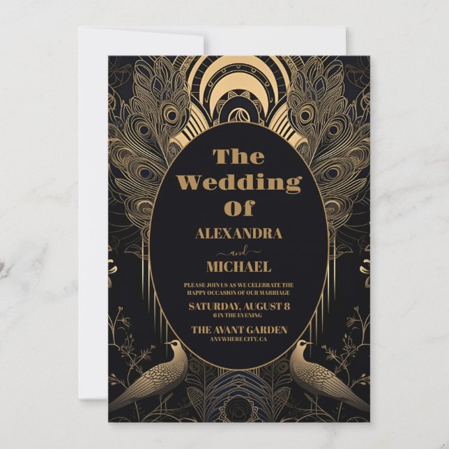 Photo Elegant Art Deco Peacocks Bröllop Inbjudningar (Framsida)