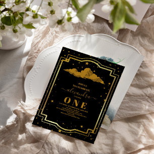Photo Elegant Black Guld Celestial 1:a födelsedag Inbjudningar