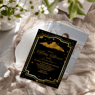 Photo Elegant Black Guld Celestial Baby Shower Inbjudningar