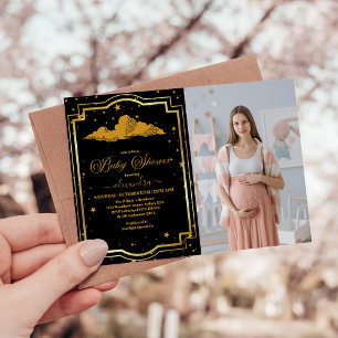 Photo Elegant Black Guld Celestial Baby Shower Inbjudningar