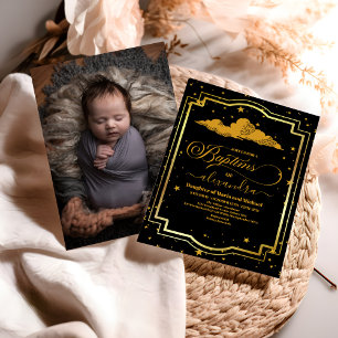 Photo Elegant Black Guld Celestial Baptism Inbjudningar