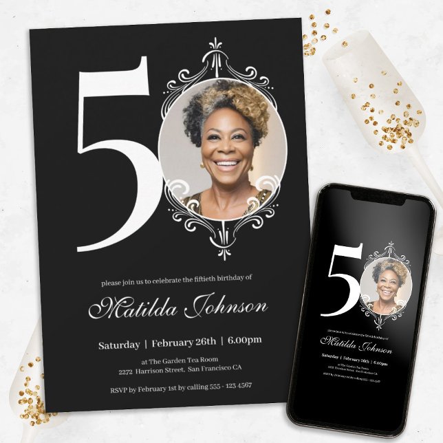 Photo Elegant Black White 50:e födelsedagen Inbjudningar (Chic 50th Birthday Black White Simple Custom Photo Invitation)