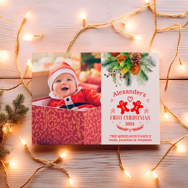 Photo Elegant Blommigt Baby Första jul Julkort (Skapare uppladdad)