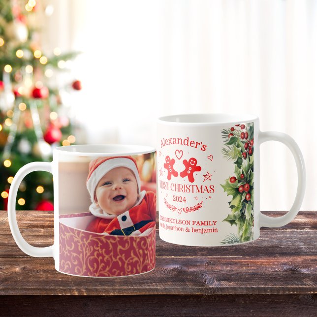 Photo Elegant Blommigt Baby Första jul Kaffemugg (Skapare uppladdad)