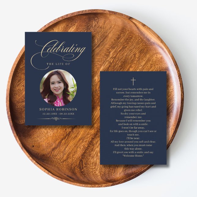 Photo Elegant Blue Gold Funeral Prayer Cards Visitkort (Skapare uppladdad)