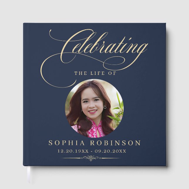 Photo Elegant Blue Gold Script Funeral Memorial  Gästböcker (Framsida)