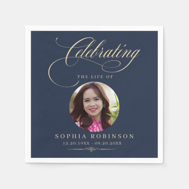 Photo Elegant Blue Gold Script Funeral Memorial  Pappersservett (Framsidan)