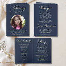 Photo Elegant Blue Gold Script Funeral Program