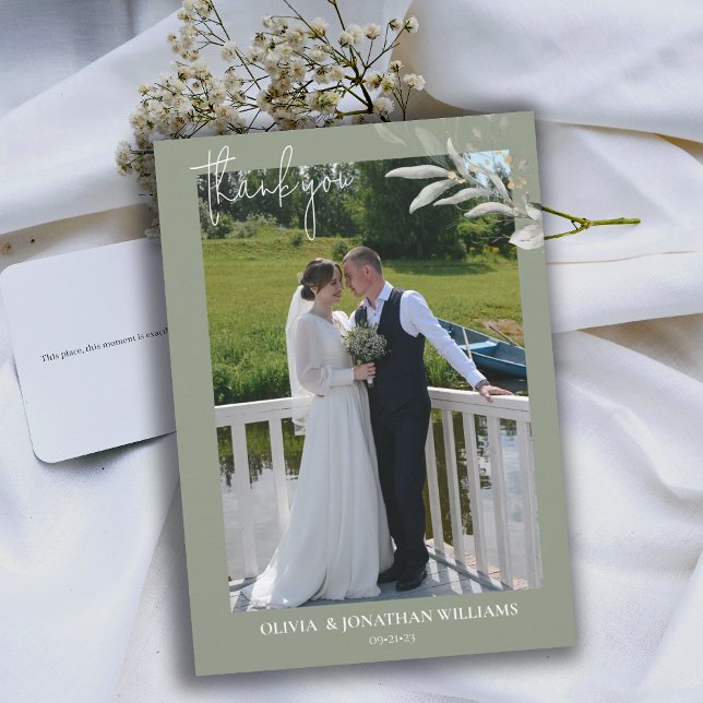 Photo Elegant Botanical Bröllop Tack Card Inbjudningar (sage green photo wedding thank you card)