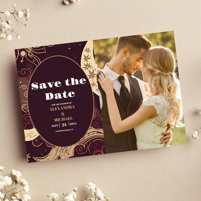 Photo Elegant Burgundy Guld Celestial Bröllop Spara Datumet (Skapare uppladdad)