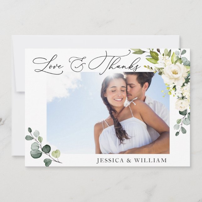 PHOTO Elegant Eucalyptus Vit ros Blommigt Tack Kort (Framsida)