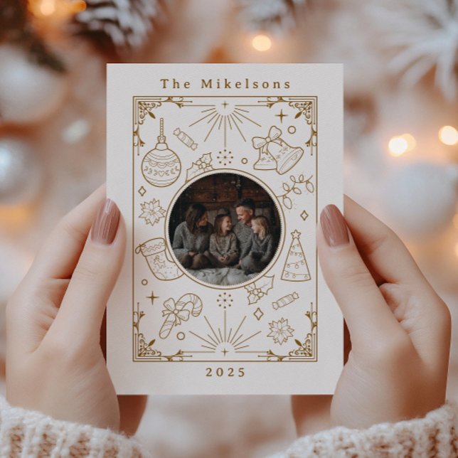 Photo Elegant Guld Line Art jul Julkort (Skapare uppladdad)