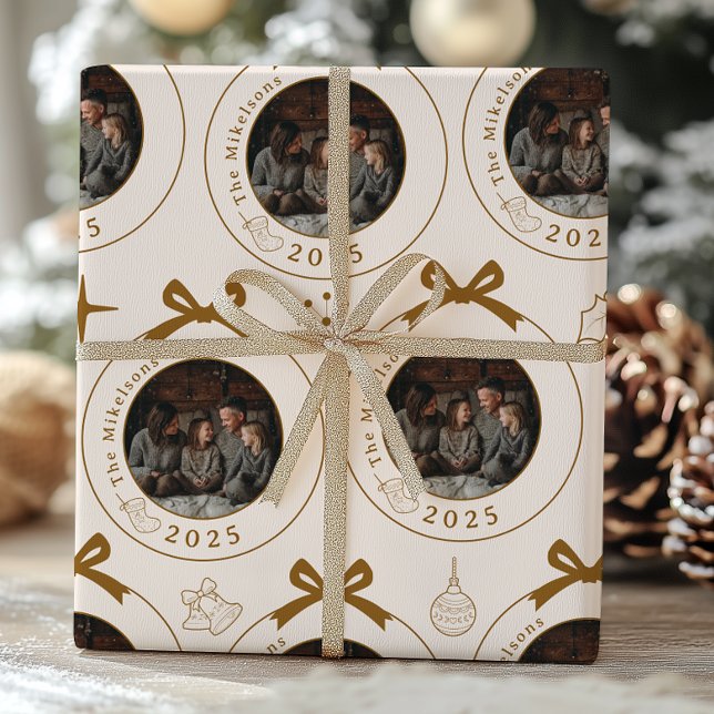 Photo Elegant Guld Line Art jul Presentpapper (Skapare uppladdad)