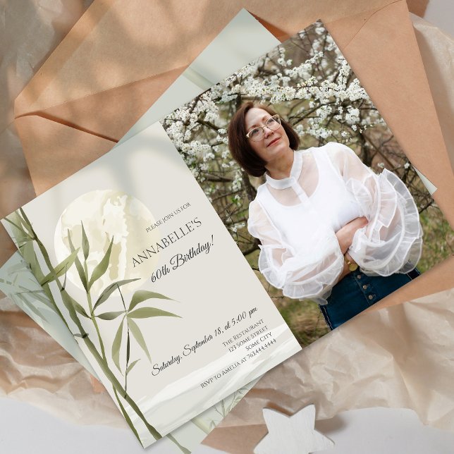 Photo Elegant Oriental Bamboo 60:e Födelsedagsfest Inbjudningar (Photo Elegant Oriental Bamboo 60th Birthday Party Invitation)