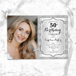 Photo Elegant Silver 50:e födelsedagen Inbjudningar<br><div class="desc">Elegant femininin 50-årsinbjudan med ditt foto. Glam-design med faux glitter silver. Funktioner rand,  typsnitt för skript och konfiguration. Perfekt för en snyggt vuxen under firande party. Anpassa med dina egna detaljer. Kan anpassas för vilken ålder som helst! Skrivna Zazzle-inbjudningar eller digital utskrivbar mall för omedelbar nedladdning.</div>