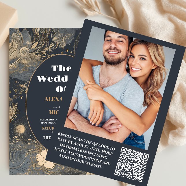 Photo Elegant Silver Guld Celestial Bröllop Inbjudningar (Skapare uppladdad)