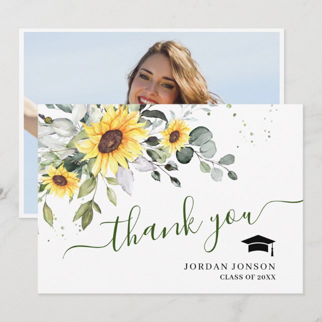 PHOTO-Elegant Solblommor Eucalyptus Studenten Tack Kort (Fram/baksida)