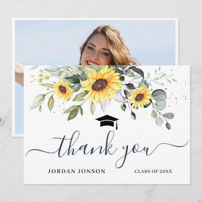 PHOTO-Elegant Solblommor Eucalyptus Studenten Tack Kort (Fram/baksida)