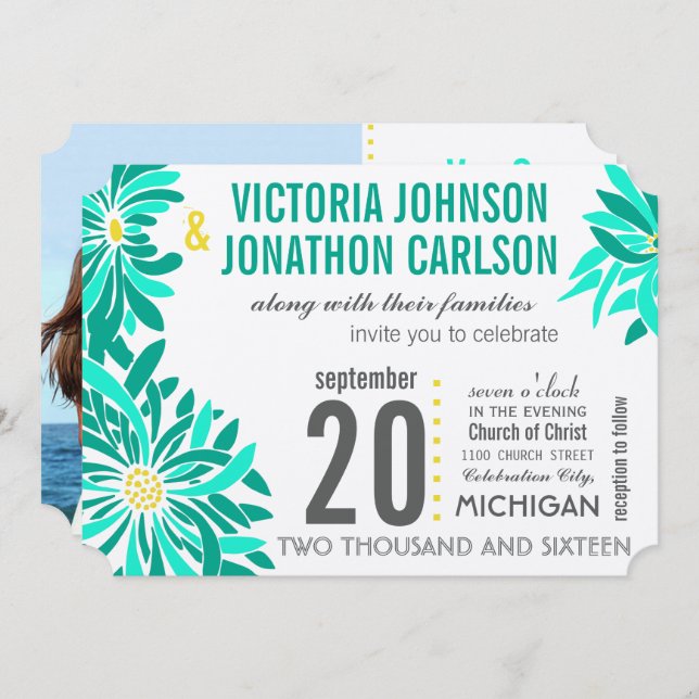 Photo Emerald Gult Mint Modern Blommigt Bröllop Inbjudningar (Fram/baksida)