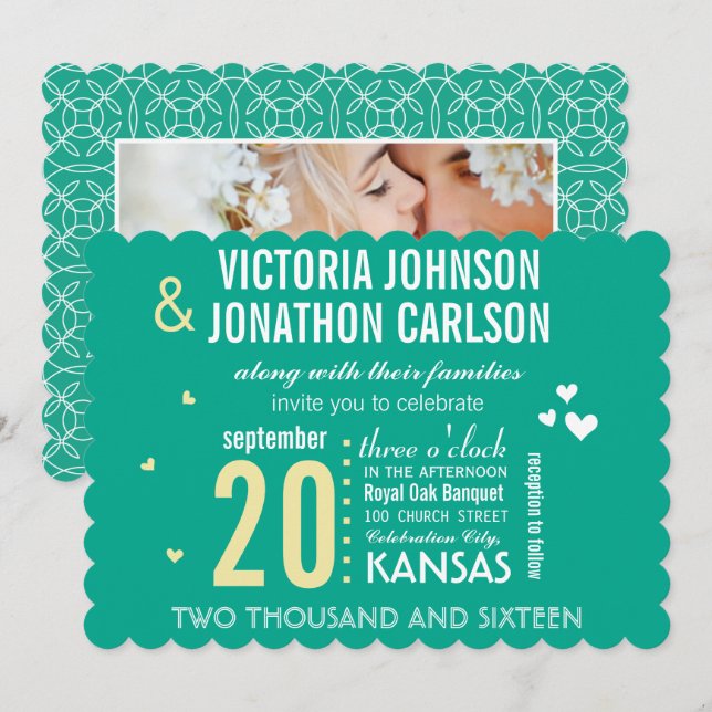 Photo Emerald Gult Modern Typography Bröllop Inbjudningar (Fram/baksida)