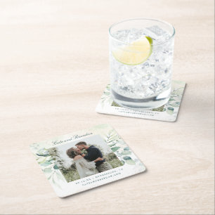 Photo Eucalyptus Rustic Bröllop spara datum Underlägg Papper Kvadrat