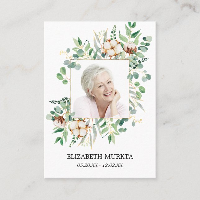 Photo Eucalyptus Vit Blommigt Funeral Prayer Card Visitkort (Framsida)