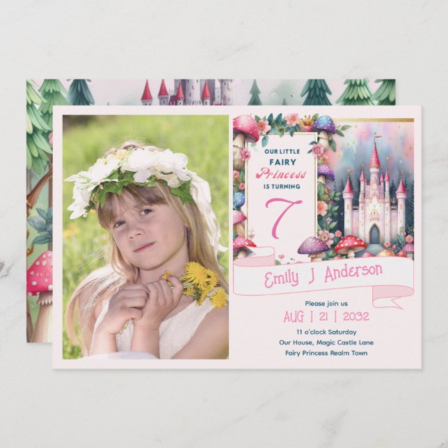 PHOTO Fairy Princess Födelsedagsfest Rosa Fairycor Inbjudningar (Fram/baksida)