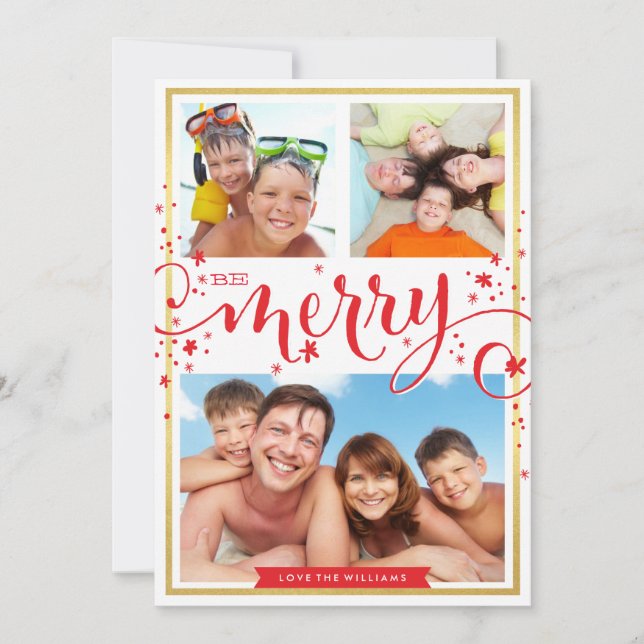 PHOTO FAMILY be merry festive christmas script red Julkort (Framsida)