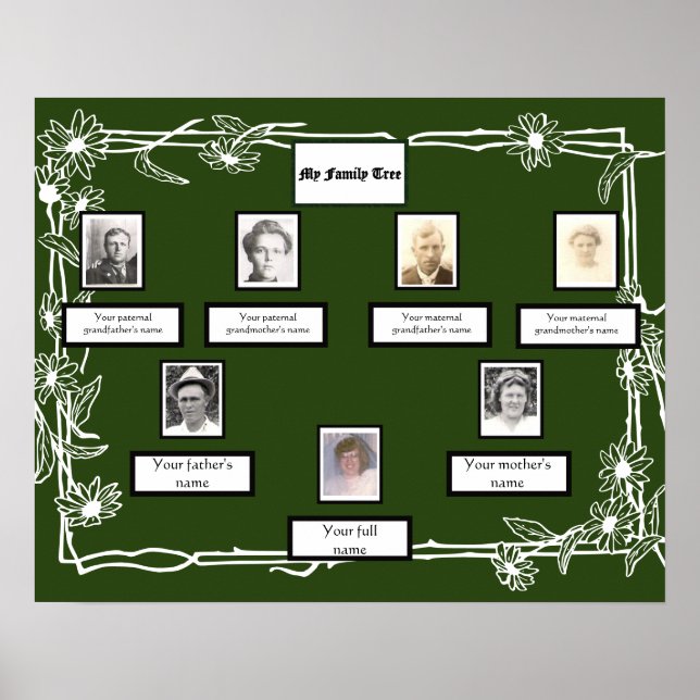 Photo Family Träd Daisy Art Gräns på Grönt Poster (Framsidan)