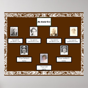 Photo Family Träd White Wirled Gräns på Brown Poster