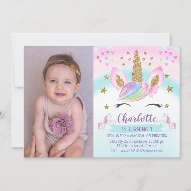 Photo Faux Guld Unicorn Rainbow 1 Birthday Inbjudningar (Framsida)