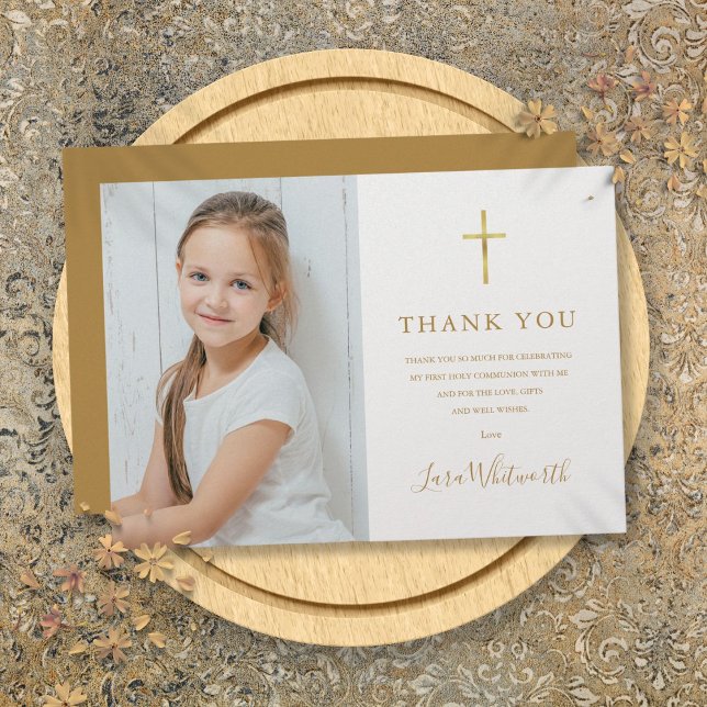 Photo First Heliga Communion Golden Namnteckning Tack Kort (Photo First Holy Communion Golden Signature Thank You Card)