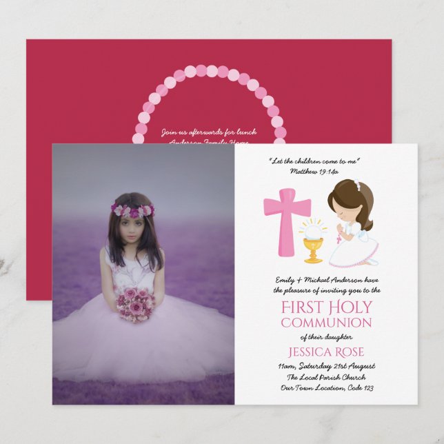 PHOTO First Heliga Communion Inbjudningskort Girl  (Fram/baksida)