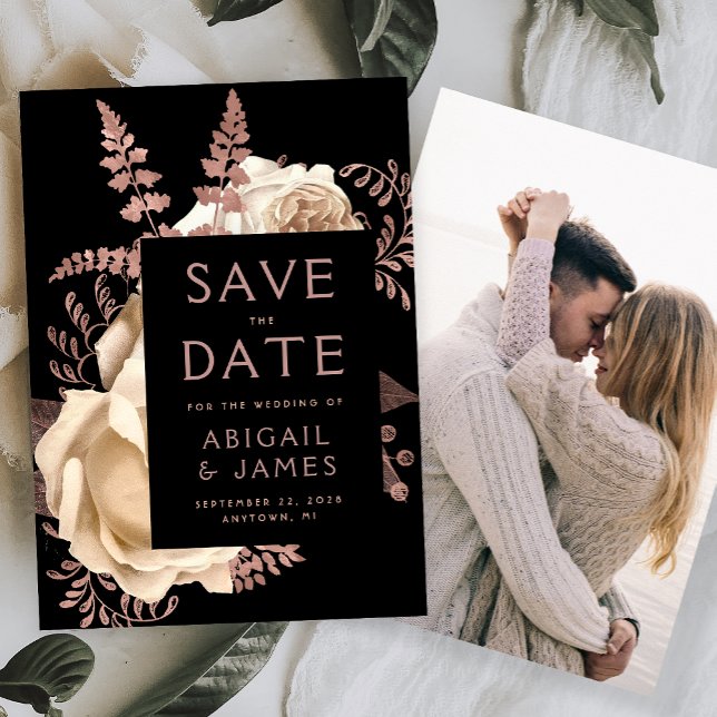 Photo Floral Ivory Rose Gold Save the Date Inbjudningar (Skapare uppladdad)