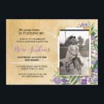 Photo Födelsedagsfest Lila Blommigt Vintage Inbjud Inbjudningar<br><div class="desc">Lägg till ditt foto i vintagen stil blommigt inbjudan. Lägg till alla åldrar. Utskrift bakåt ingår.</div>