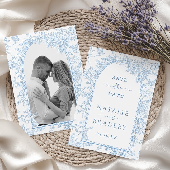 Photo Fransk Blue Blommigt Bröllop spara datum Inbjudningar (French Blue Floral Photo Save the Date Card)