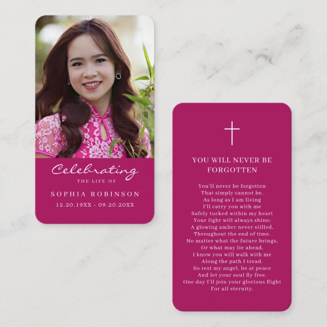 Photo Funeral Memorial Pink Prayer Card Visitkort (Fram/baksida)