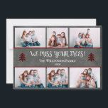 Photo Funny Miss Ansikte Ansikte Mask jul Julkort<br><div class="desc">Det här roliga ansikte maskerar bildskärmskortet för julgranen med 6 av dina egna foton med känslan "Vi saknar ansikte!" kompletterad med rött buffelpläderat Julgranar på en grått-kritbakgrund. Baksidan av kortet säger: "Vi önskar er ett God jul och ett BÄTTRE nytt år!" Enkel och enkel att anpassa all text och lägga...</div>